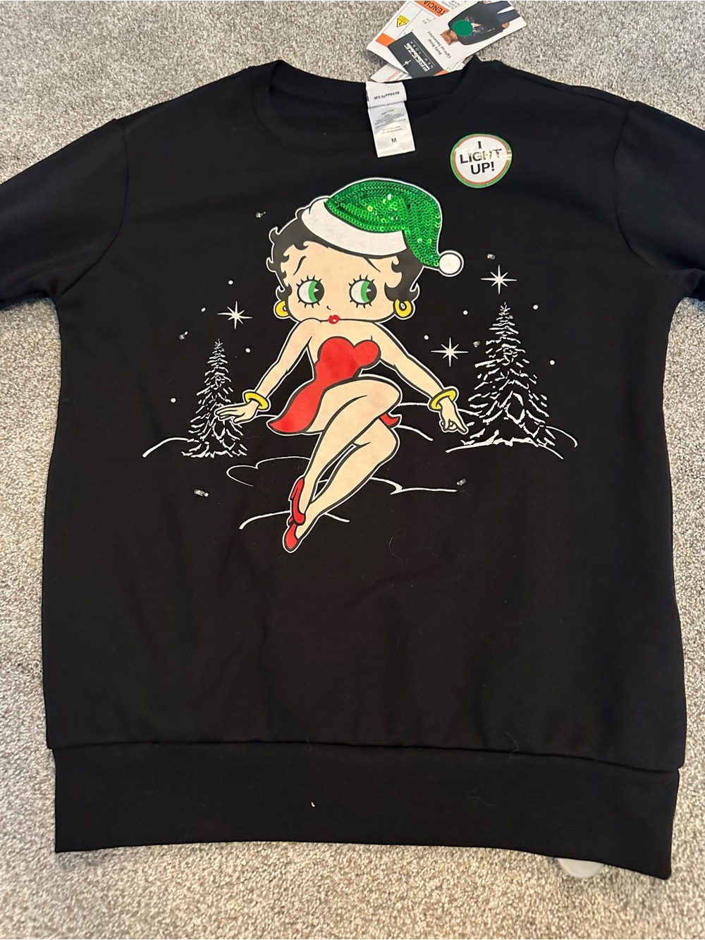 Black Holiday Betty Boop sweatshirt  with Red & Green Accents/ lights up NWT M